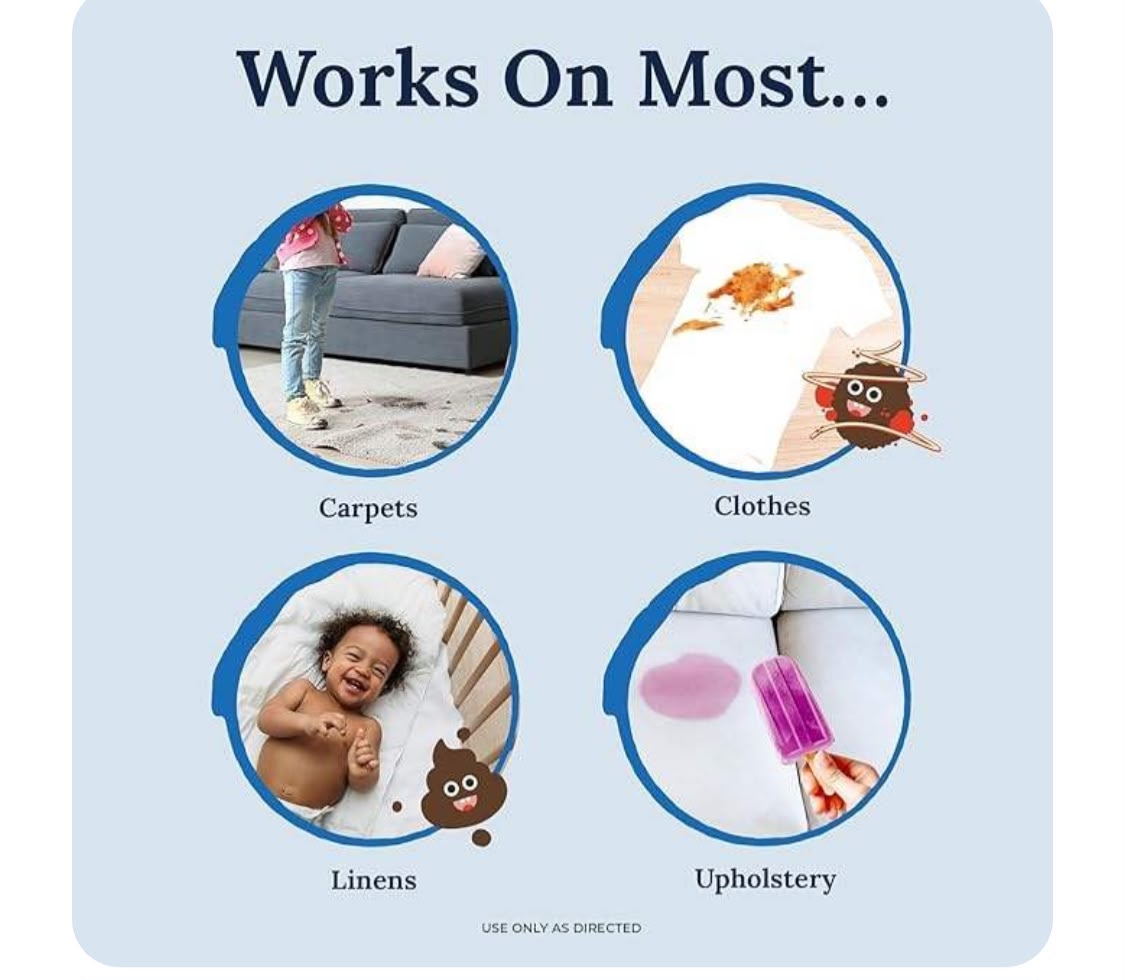 Works on carpets, clothes, linens and upholstery